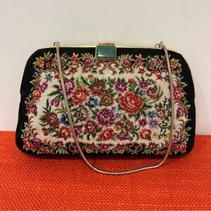 Vintage Petite Point Black Floral Needlepoint Bag with Jade-like Stone Clasp